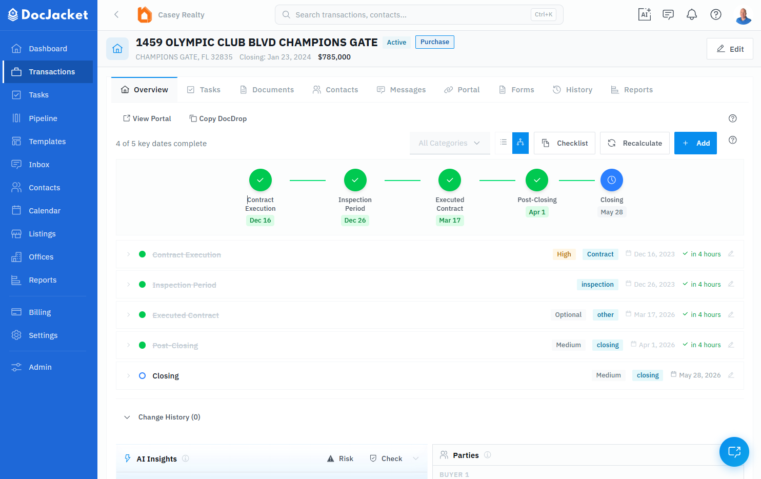 A solo transaction coordinator reviewing an AI-generated timeline after uploading a contract to DocJacket.