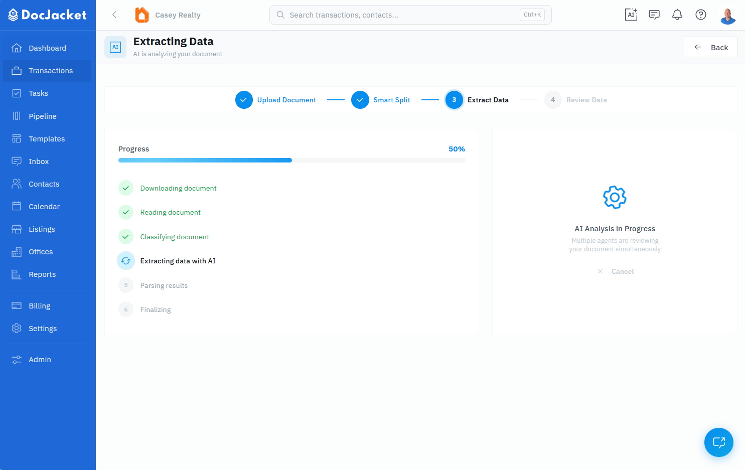 DocJacket's AI automatically extracting transaction data from an uploaded purchase agreement.